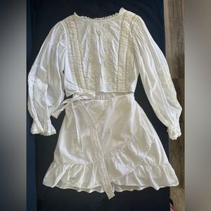 Reformation White embroidery dress, Balloon Sleeve Tie Waist Ruffle, Size S